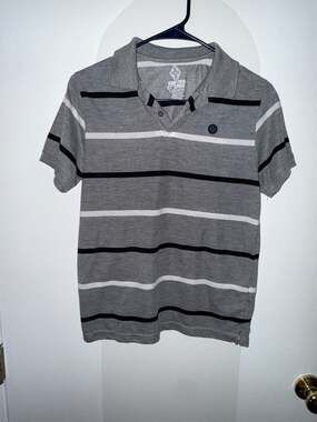 Swiss Cross Boys' Grey and Black Striped Short Sleeve Polo Shirt Size L 14/16
